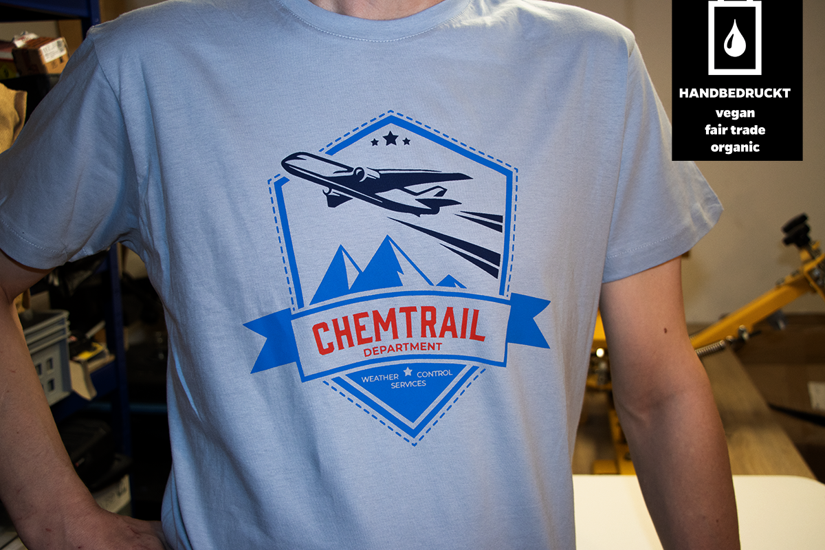 Chemtrail Department“ T-Shirt – hellblau (Unisex, organic, vegan, fairtrade) Der goldene Aluhut – Online